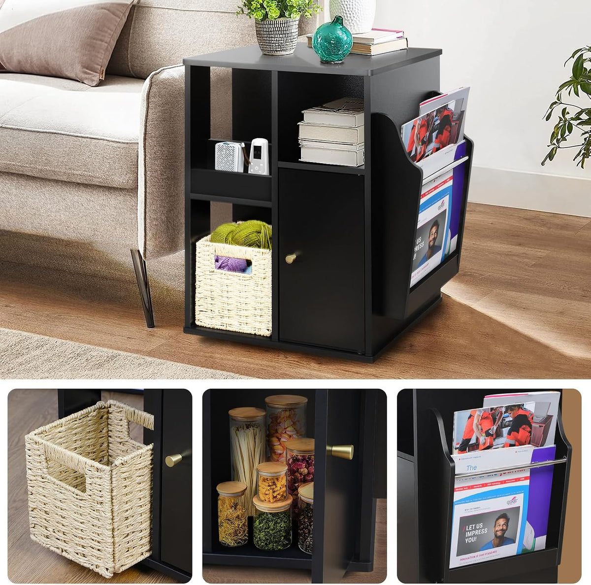 Square Rotating End Table with Storage, 16"D x 16"W x 23.3"H, Black