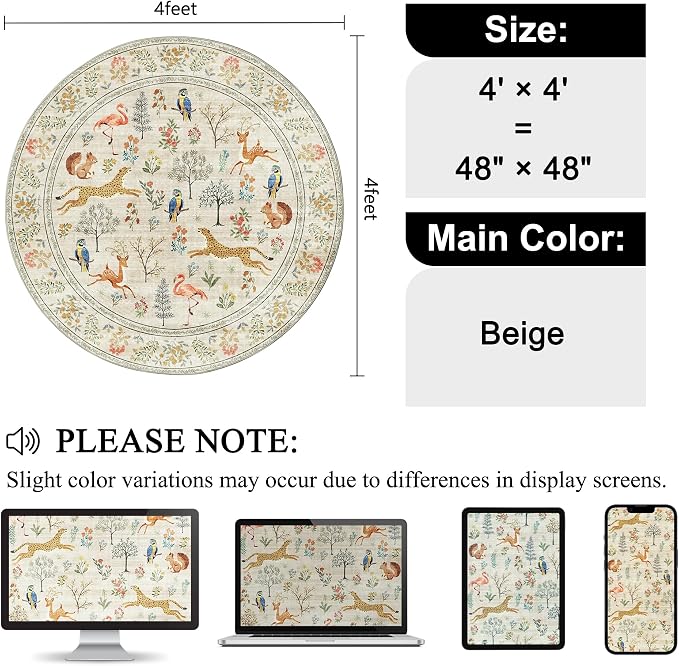 DUKINO 4ft Round Rug, Washable Round Area Rug, Non Slip Indoor Low Pile Animal