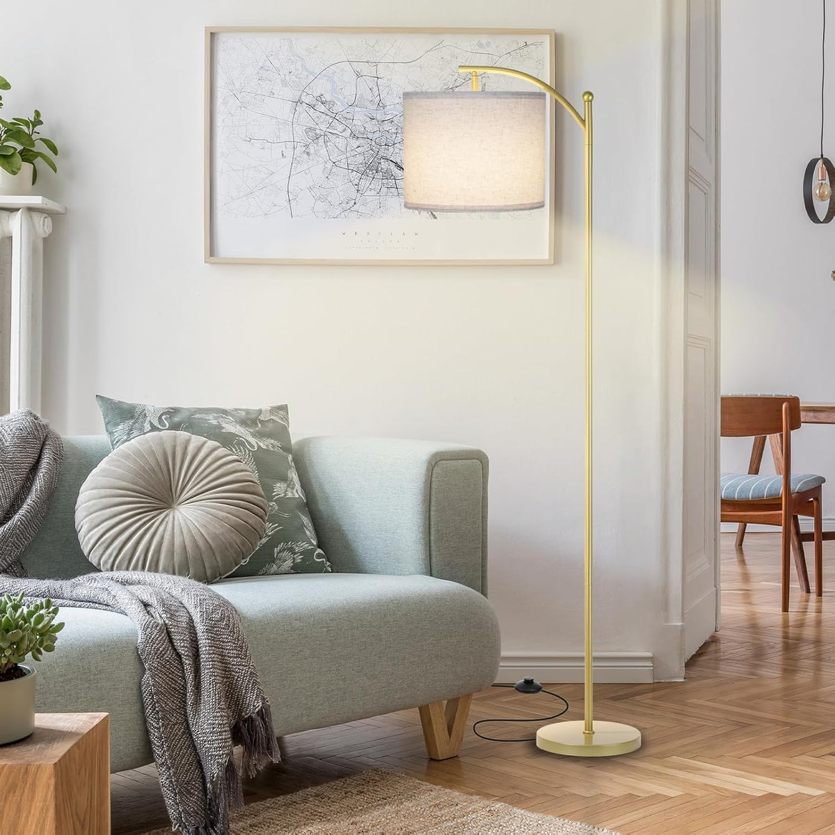 LALISU Standing Floor Lamp for Living Room, Linen Shade Floor Lamp, Gold
