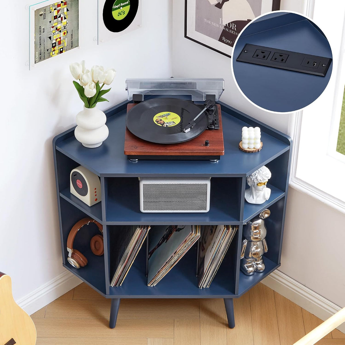 Corner Record Player Stand with Charging Station & USB Ports