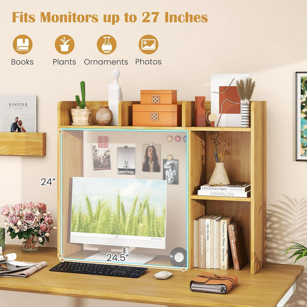 Desktop Bookshelf, 3-Tier Wood Countertop Bookcase with 5 Shelves, Desk Hutch for College Dorm, Multipurpose Desk Organizer Shelf Display Rack for Home Office, Hutch Top Only