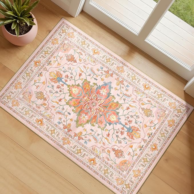 RELEANY Area Rugs Small 2'x4' Washable Non-Slip, Floral Vintage Distress