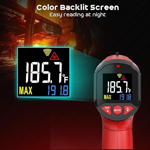 Infrared Thermometer Gun,SQECH Laser Thermometer Gun -58℉～1112℉(-50℃～600℃),Non-Contact Temperature Gun with Adjustable Emissivity&Color Backlight for Cooking, Pizza Oven,BBQ,Fridge,Engine,HVAC(Red)