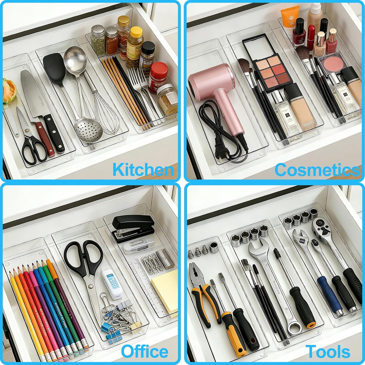 Manalete 8 Pcs Large Clear Plastic Drawer Organizer,15"x6" Vanity Organizer