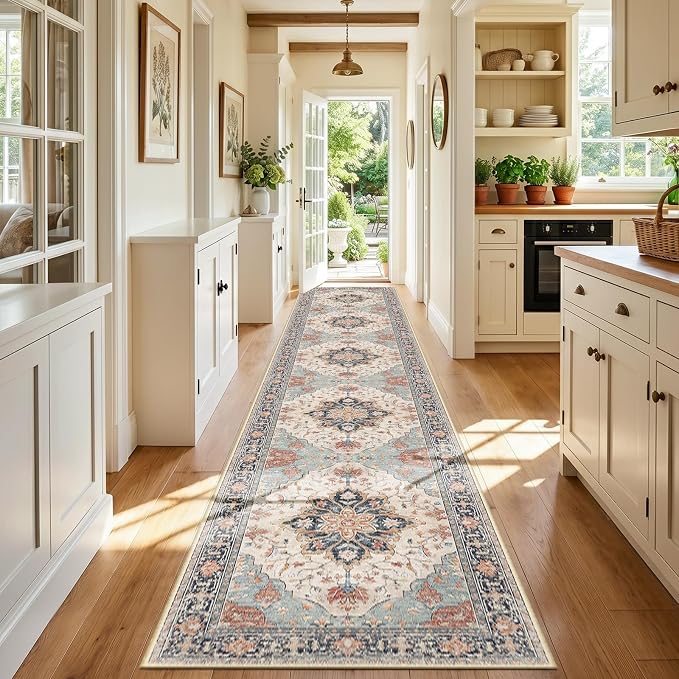 RELEANY Area Rugs Runner 3'x20' Washable Non-Slip, Floral Vintage Distress