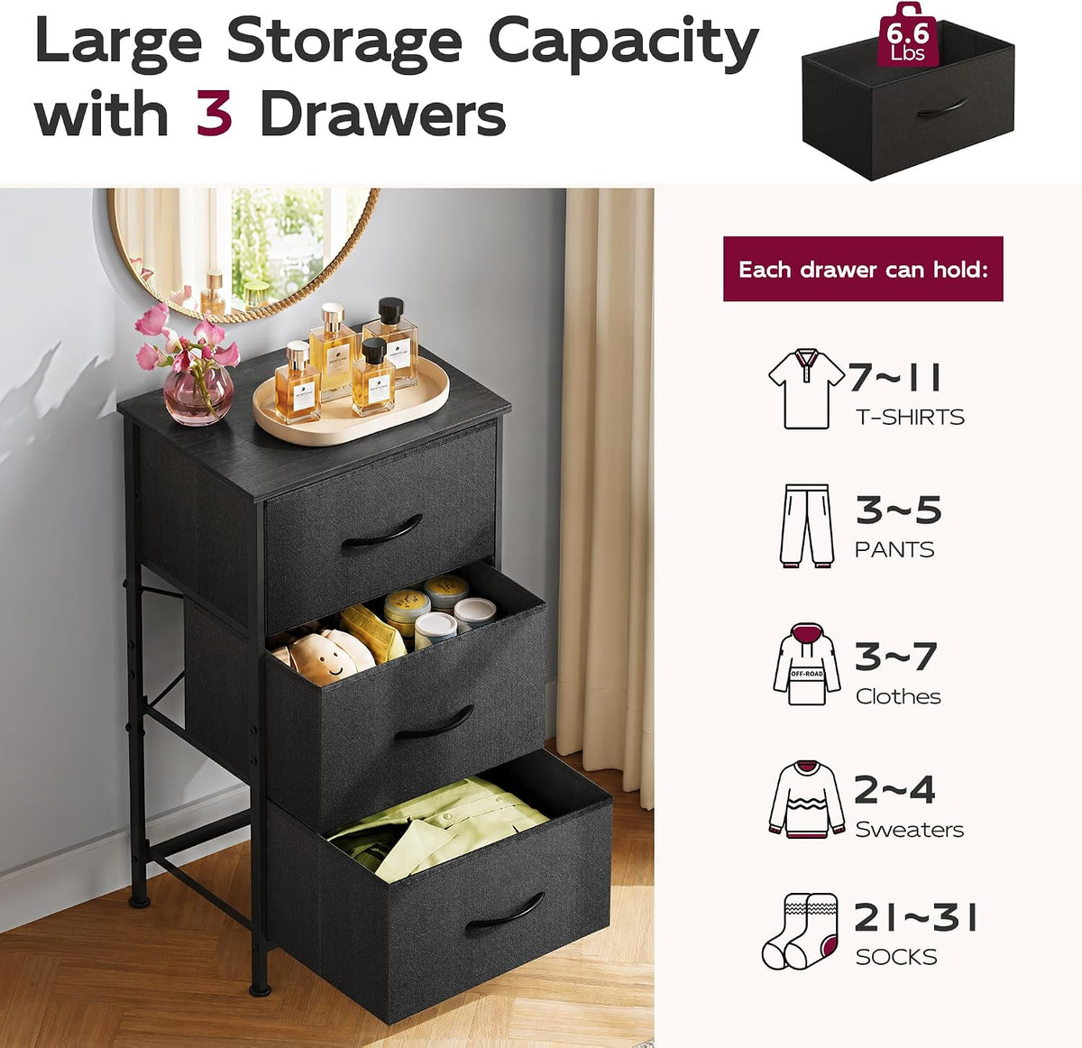 WLIVE Small Dresser Nightstand for Bedroom, 3 Drawers, Charcoal Black