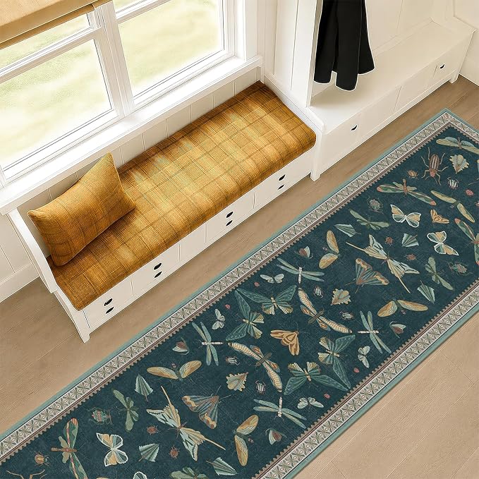 Hazo Haus 2x10 Hallway Runner Rug, Washable Foldable Green Boho Carpet