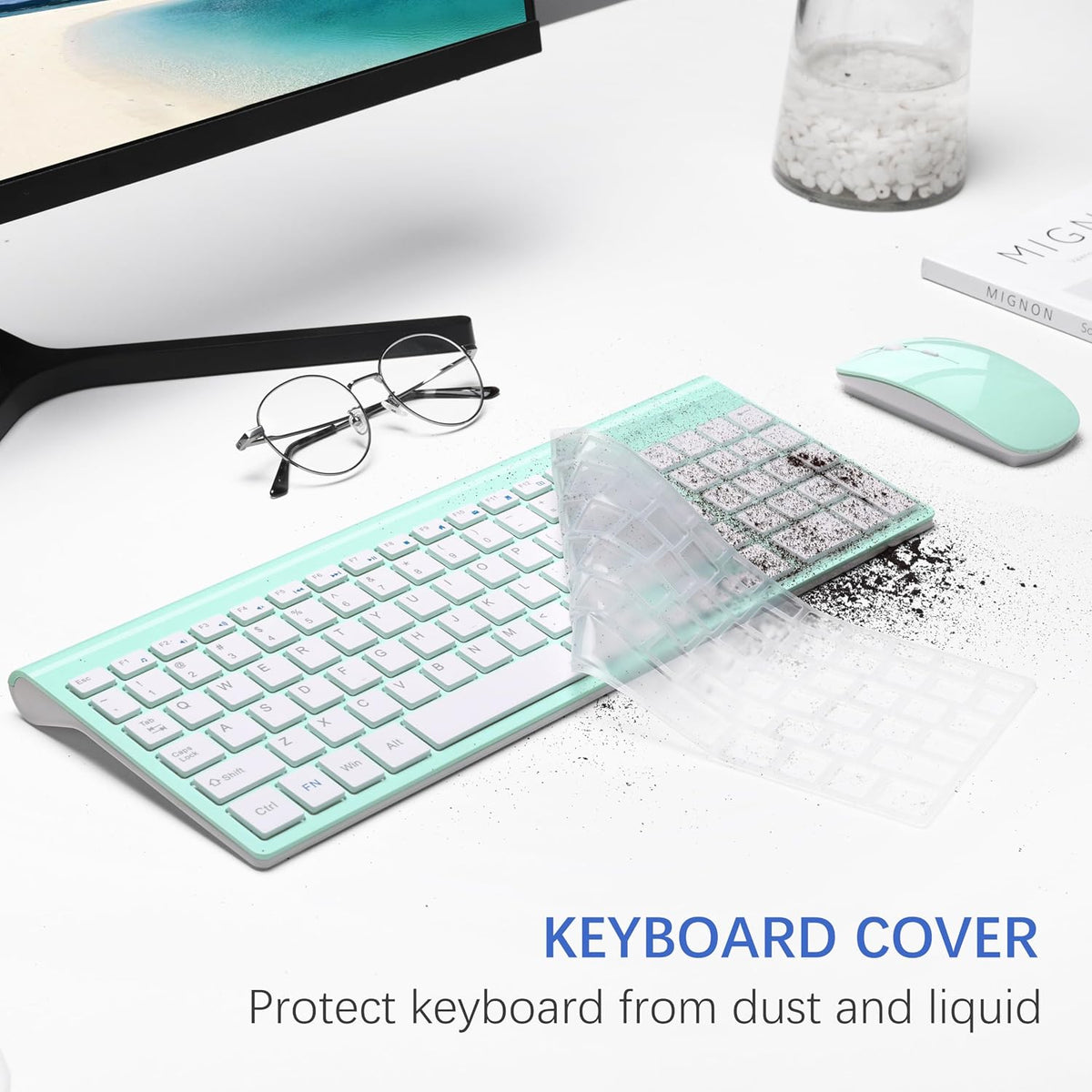 Wireless Keyboard and Mouse Ultra Slim Combo, TopMate - Mint Green