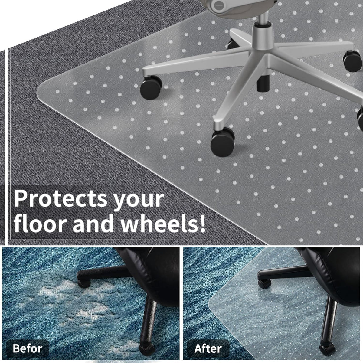 Office Chair Mat for Carpeted Floor, 63"x51" Clear Desk Mat for Carpet Large Protector Floor Mat On Low Pile Carpets, Easy Glide Rolling Plastic Floor Mat, Computer Chair Mat for Home Office