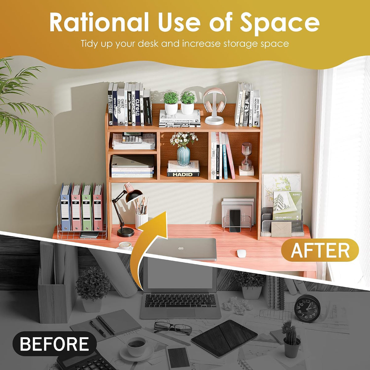 SUPER DEAL Desktop Bookshelf, Countertop Storage Hutch with 4 Shelves for Computer Desk, 2-Tier Display Rack, Multipurpose Wood Desk Hutch Storage Organizer for Home Office Dorm, Natural