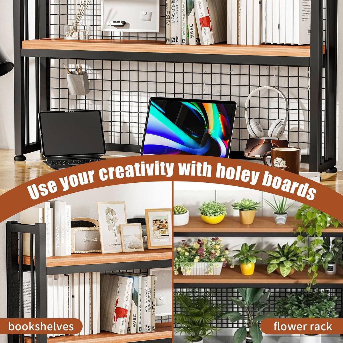 Desktop Hutch Bookshelf Metal Desk Shelf, 2-Tier Storage Display Shelf for Computer Desk, Multifunctional Freestanding Storage Rack Display Shelf for Office, Home Decor, Kitchen (45.2*35*9.44 IN)
