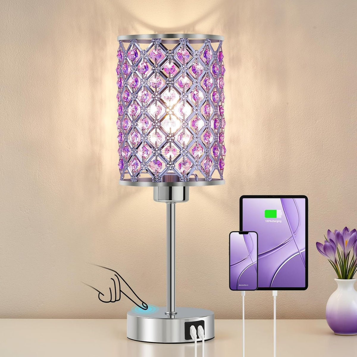 Crystal Table Lamp, Purple Touch Lamp with USB C+A Port, 3-Way Dimmable