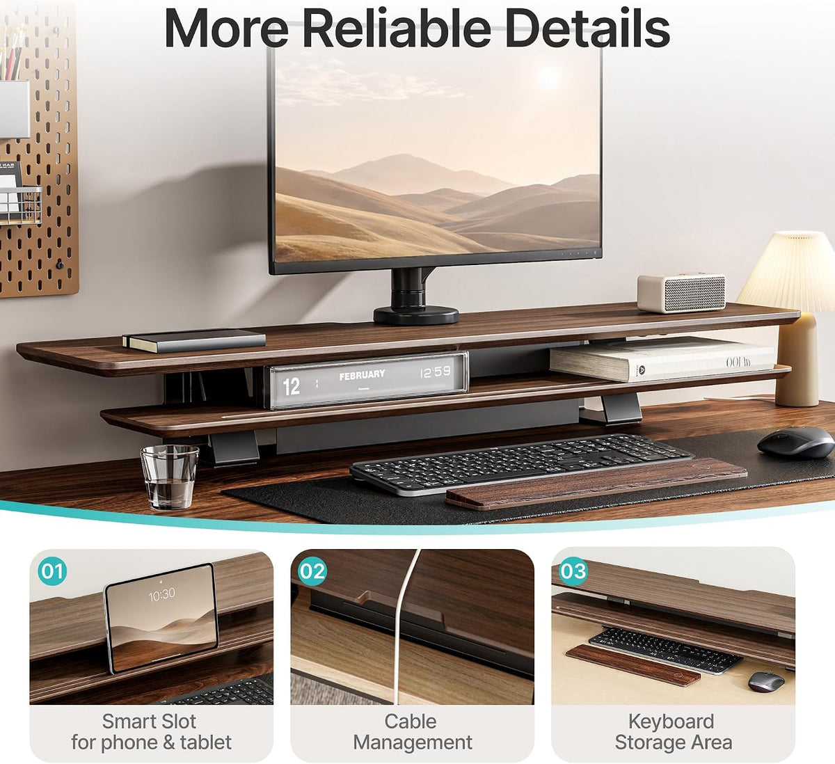 Dual Clamp-On Wooden Monitor Stand, 41.7" 2-Tier Desk Riser Organizer