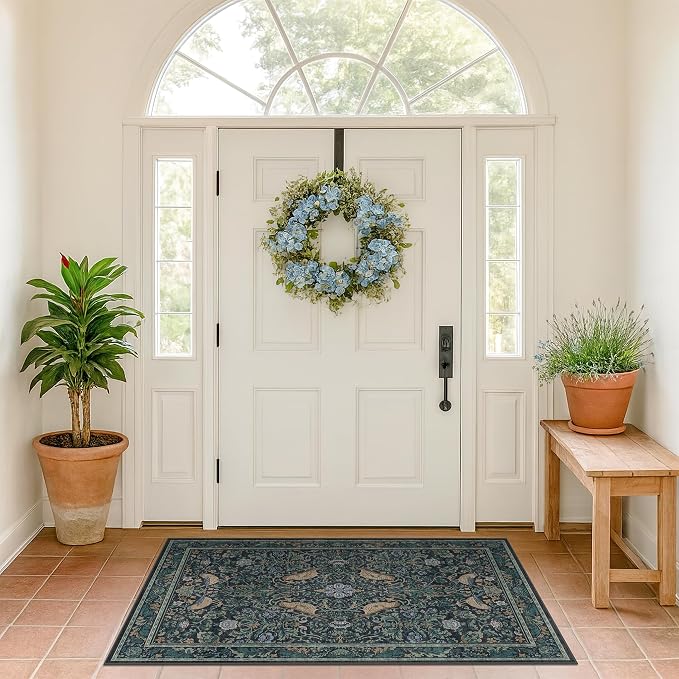 Vintage Large Entryway Rugs Indoor, 3x5 Washable Blue and Green Floral Rugs