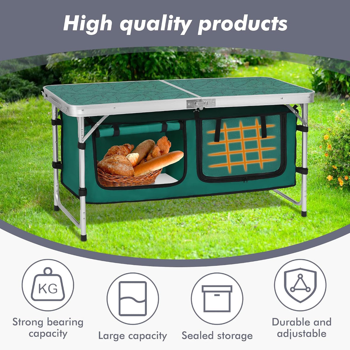 Camp Field Camping Folding Aluminum Table with Adjustable Legs for Outdoor Travel Beach, Backyards, BBQ, Party and Picnic Foldable Table