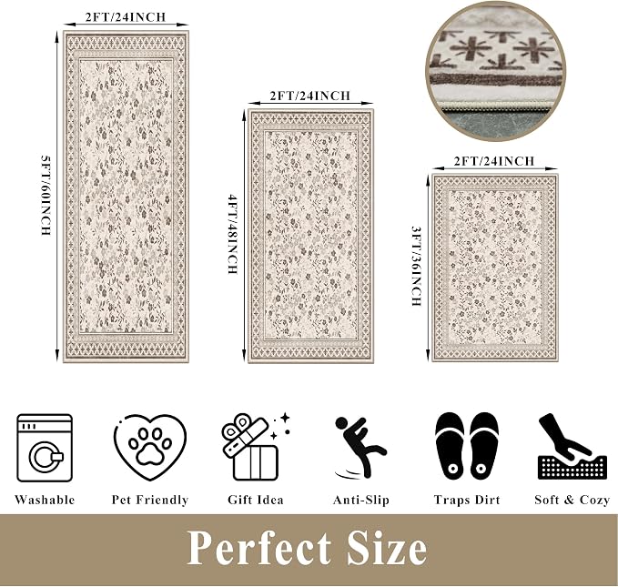 3-Piece Kitchen Rugs Set for Floor, Washable Non-Slip Farmhouse Kitchen Mats