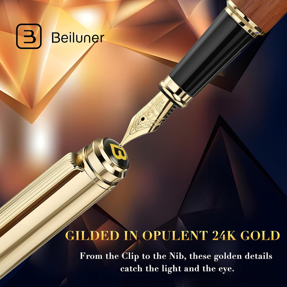 BEILUNER 316 Fountain Pen,Stunning Luxury,24K Gilded Nib(Medium)-Rosewood