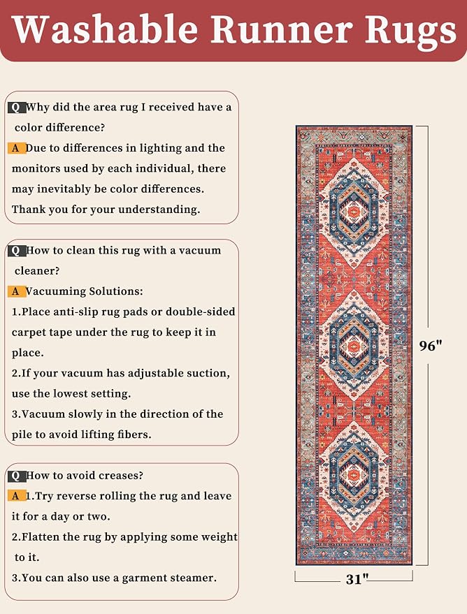 SERISSA Runner Rug for Hallways, Vintage Rust Ultra Soft Print Distressed