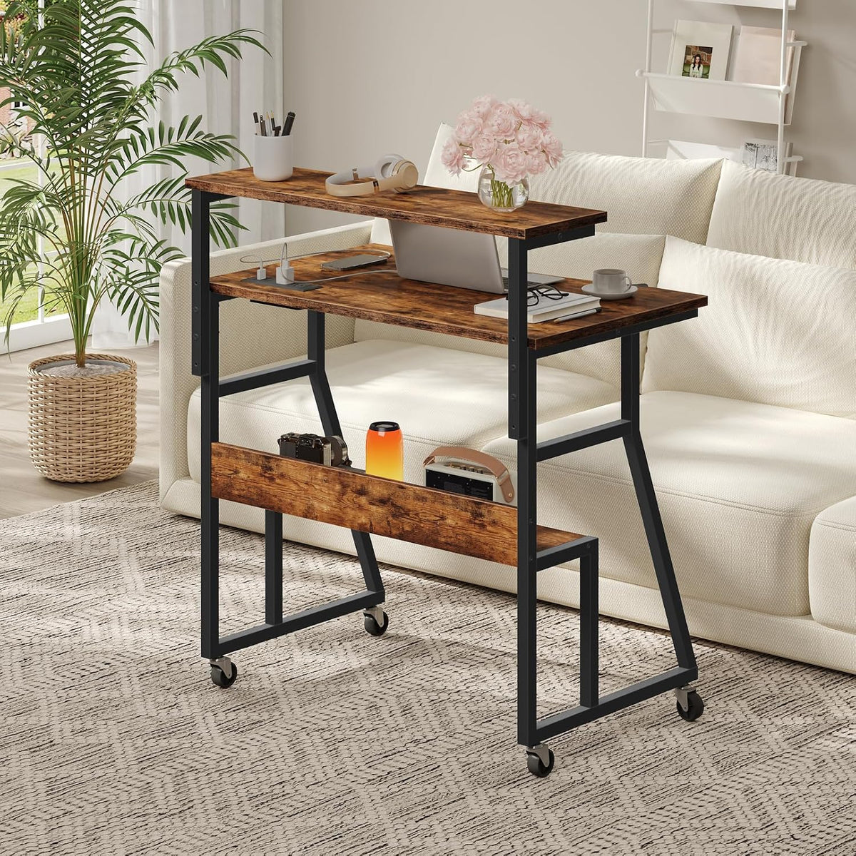 CHOEZON Rolling Computer Desk with Charging Station, 31.5 Inch Mobile Desk with Adjustable Monitor Stand & Storage Shelf, Laptop Table for Home Office, Small Space, Rustic Brown and Black TDN03UBF
