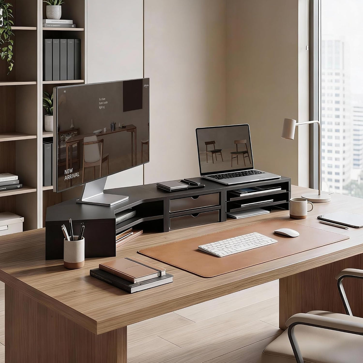 Fenge Dual Monitor Stand, Corner Desk Shelf with Drawer & Slide-Out Tray