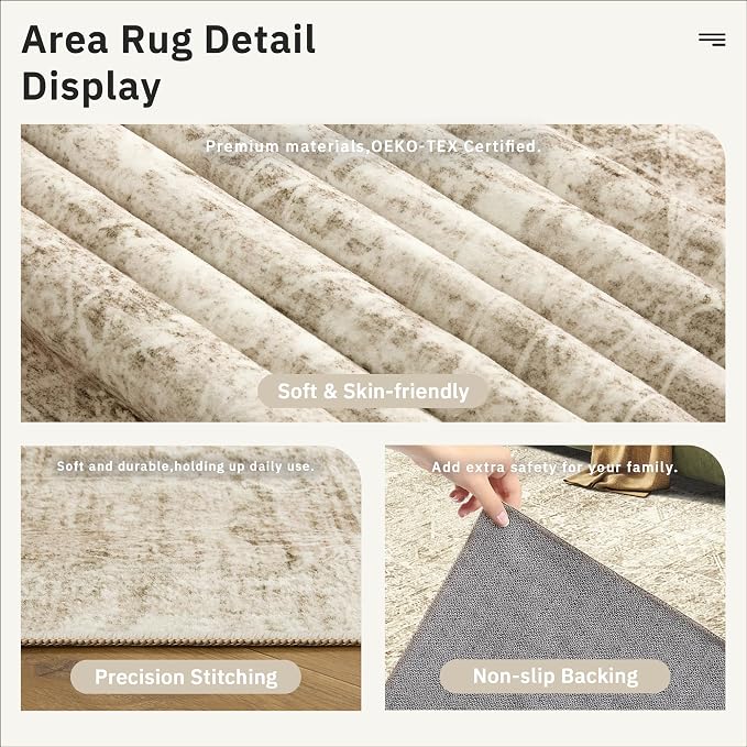 Soalmost 5x7 Area Rugs Brown Low Pile Indoor Washable Trendy Faded Style Floral