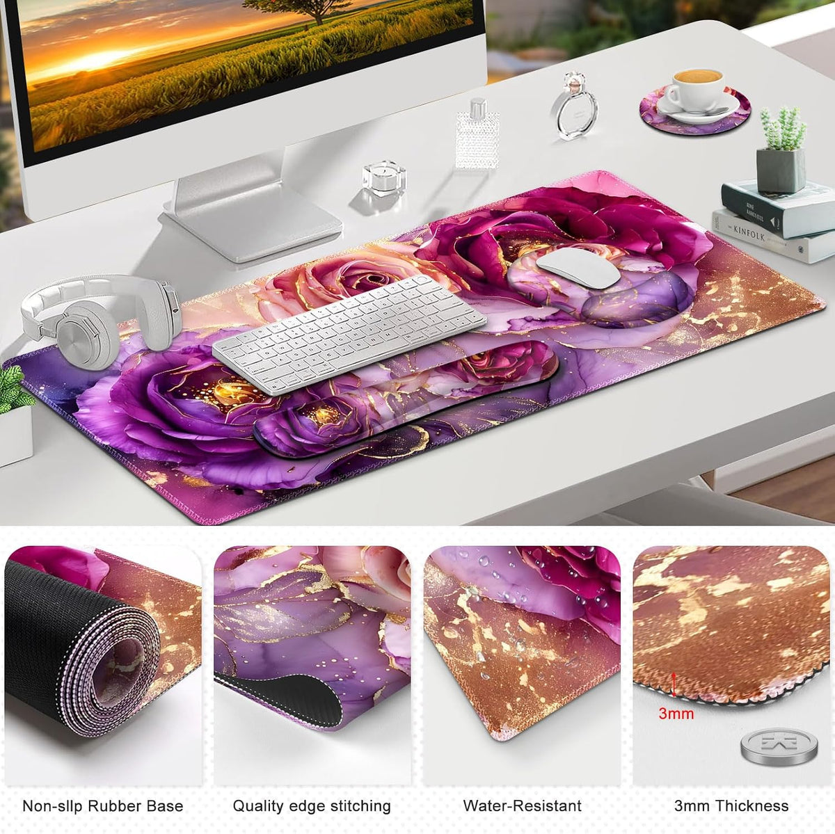 Gaming Mouse Pad Large Desk Mat, Cute Purple Marble Rose Desk Pad Protector