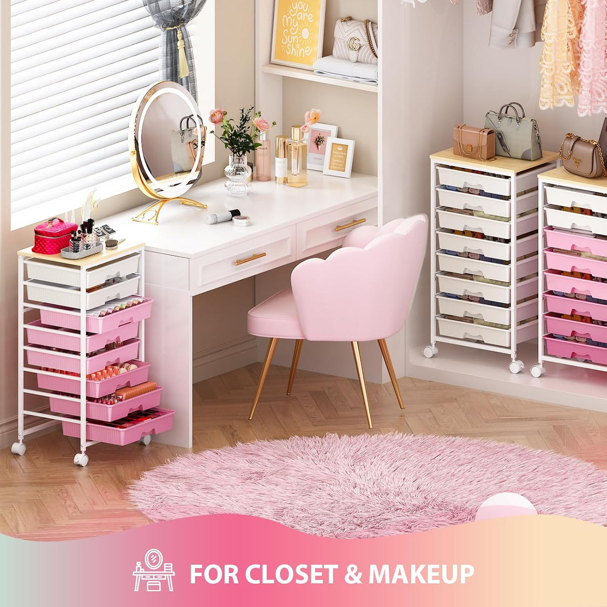 Goovilla Rolling Cart with 8 Drawers for Art, Dorm, Office, Craft, Pink