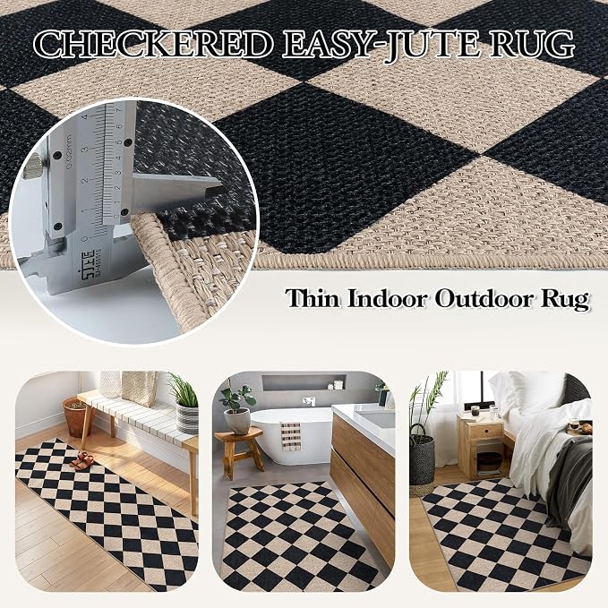 Lahome Checkered Easy Jute 3x5 Entryway Front Porch Rug, Washable Farmhouse