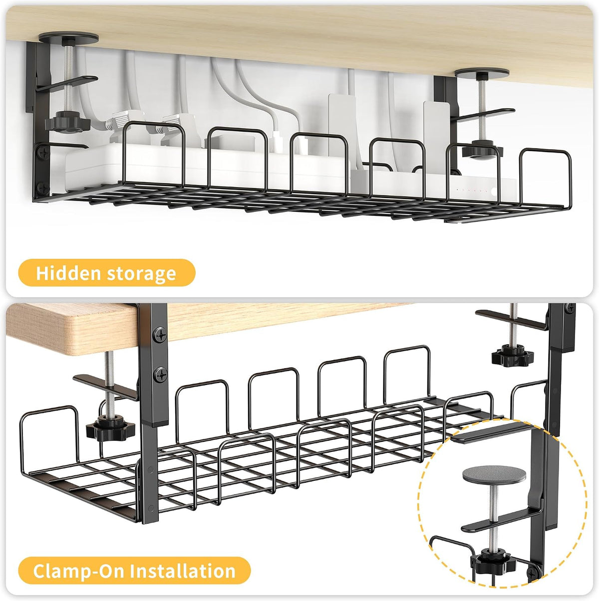 Clamp on Desk Shelf, 19in 3-Tier Desk Shelves Organizer with Under-Desk Hidden Storage Basket, Desktop Supplies Storage Rack for Home Workspace, Study Rooms,Gaming Devices
