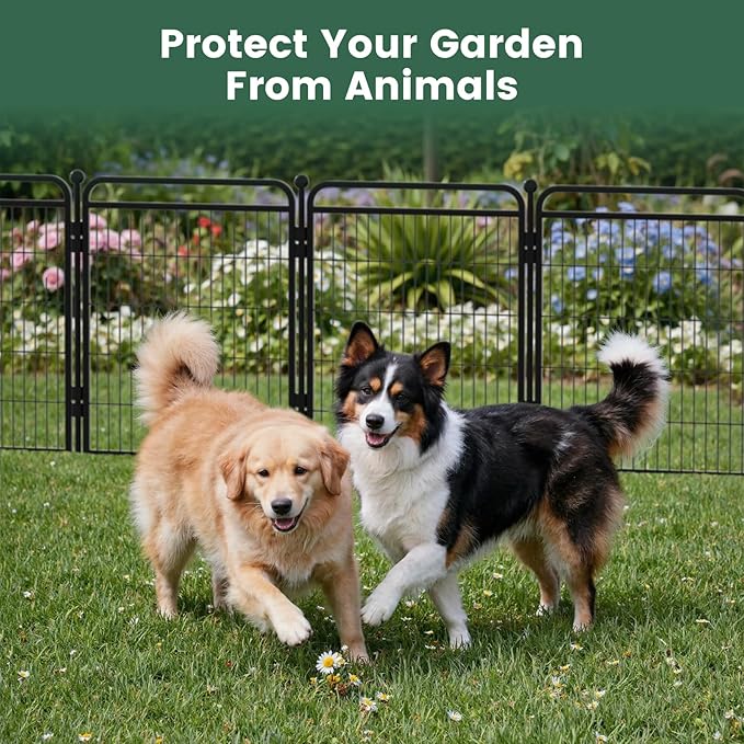 24 in(H) Decorative Garden Fence Outdoor for Yard with Gates,Heavy Duty Iron 16 Panels Total 29.4ft(L) Anti Dig Fence with Gravity Automatic Lock for Indoor/Outdoor Decorative Dog Fence,Black