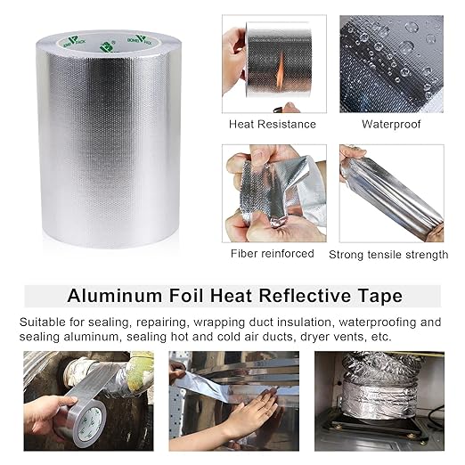 BOMEI PACK Adhesive Aluminum Foil Heat Shield Tape Barrier, Fiberglass Thermal Insulation Reflective Material High Temp Protection (7in*66ft)