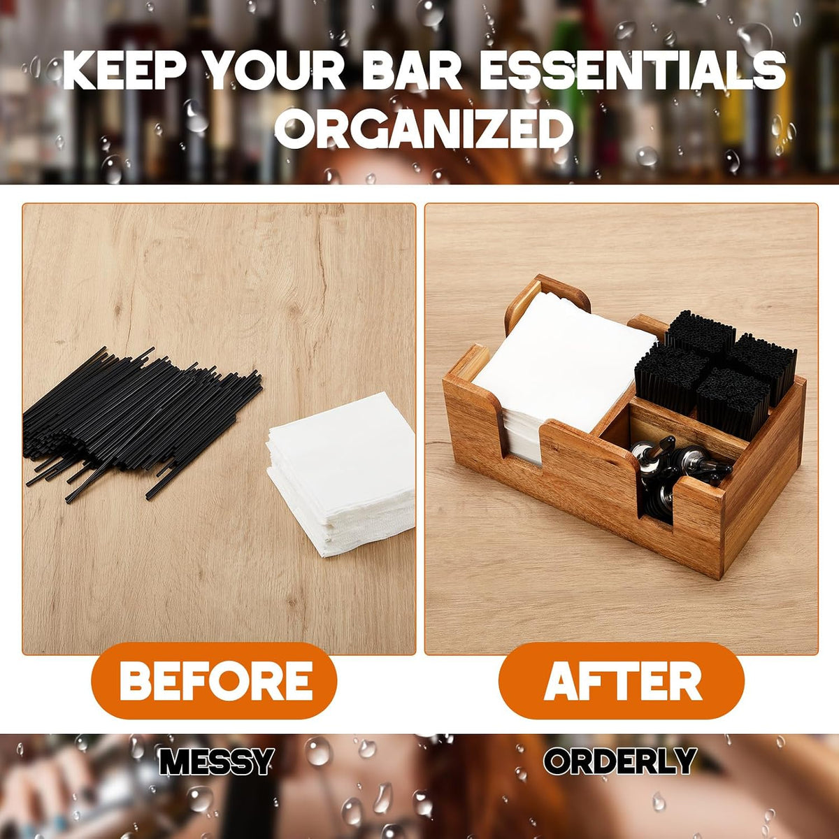 Mifoci 2 Pcs Wooden Bar Caddy, Acacia Wood Napkin & Straw Holder Organizer