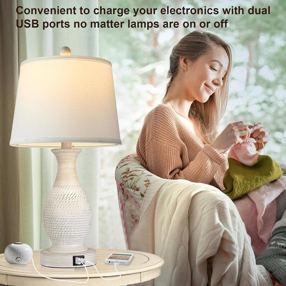 PARTPHONER Table Lamps Set of 2, Bedside Touch Lamp with USB C+A Charging Ports, Side Table Lamp with White Fabric Shade (LED Bulbs Included)