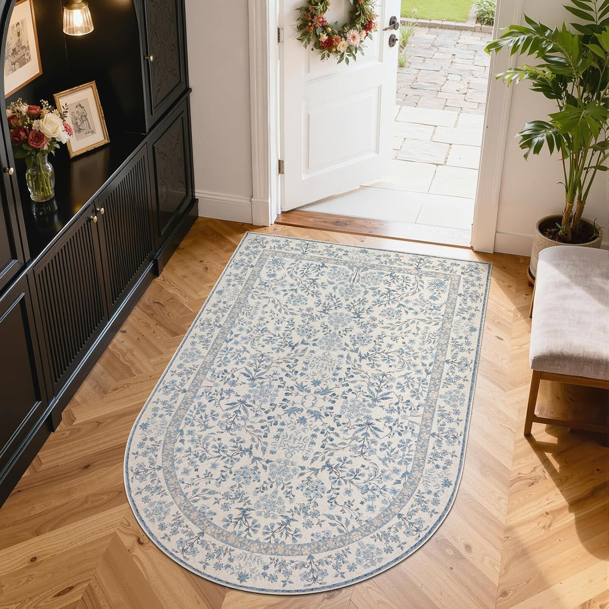 jinchan 4x6 Washable Entryway Area Rug, Vintage Blue Floral Non-Slip
