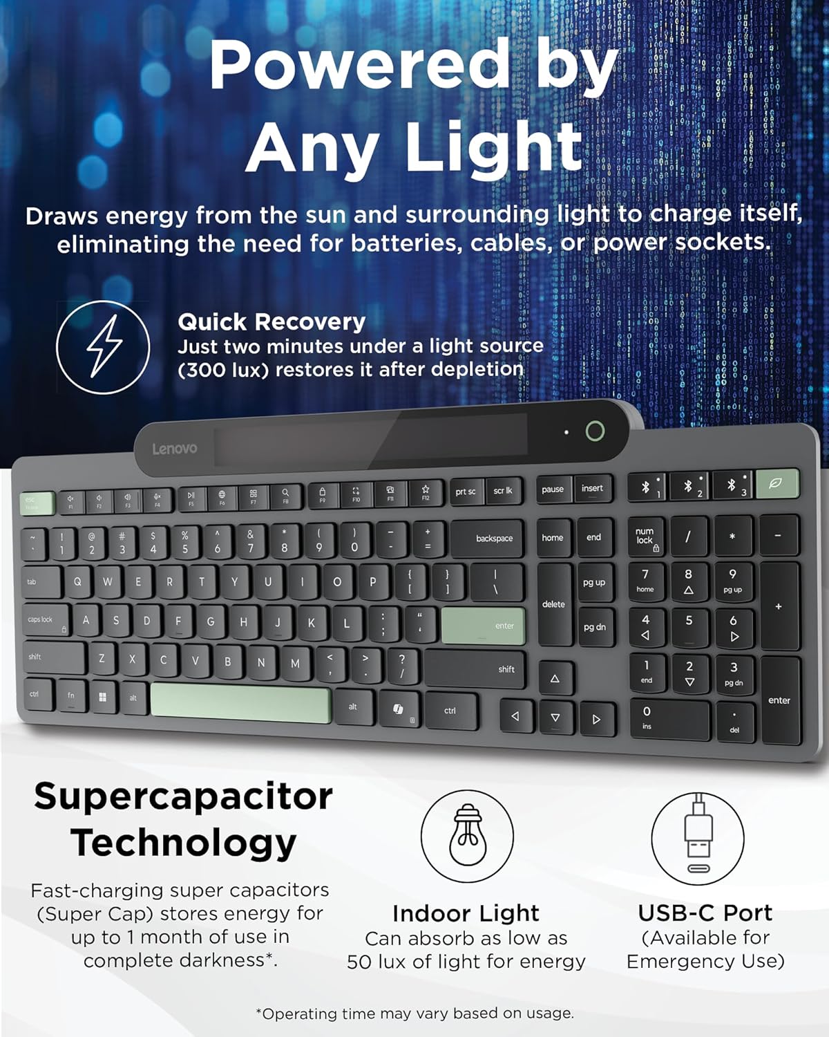 Lenovo 800 Self-Charging Bluetooth Keyboard, Uses Ambient Light, Bluetooth 5.1, Supports 3 Devices, Battery Free, Wireless, Grey