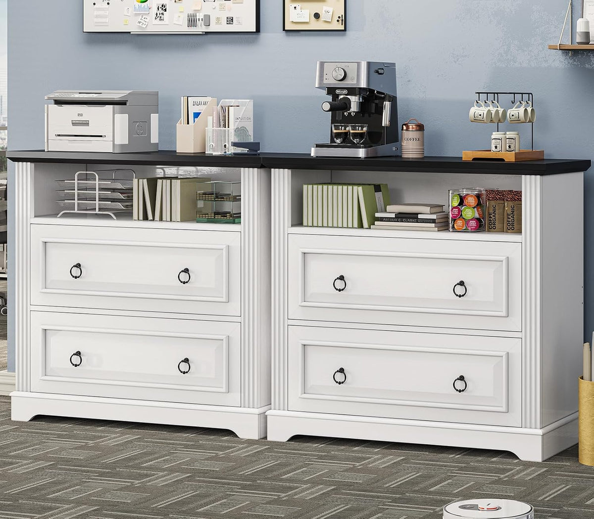 Itaar 2 Drawer File Cabinet, Farmhouse Filing Cabinet for Home Office Fits Letter, Legal, A4 Size, Wood Lateral File Cabinet with Printer Stand, Storage Shelf, White