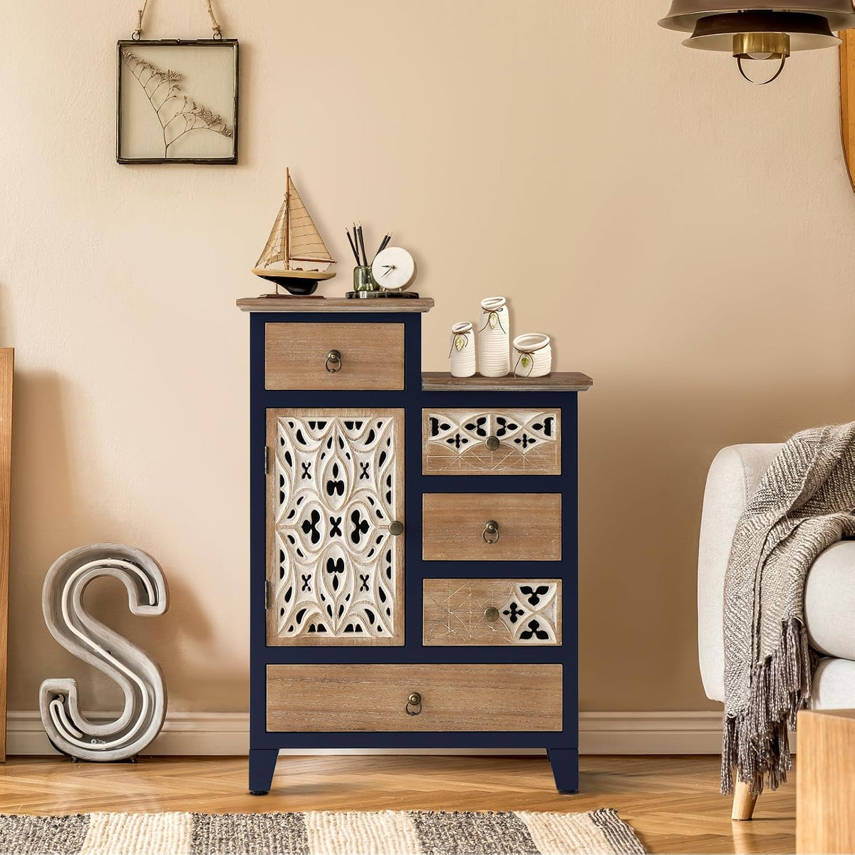 Ahokua Farmhouse Accent Chest with Carved Door and 5-Drawers, Vintage Storage Cabinet Modern Dresser for Living Room, Entryway, Hallway, Multi-Drawer Organizer, Natural and Deep Blue