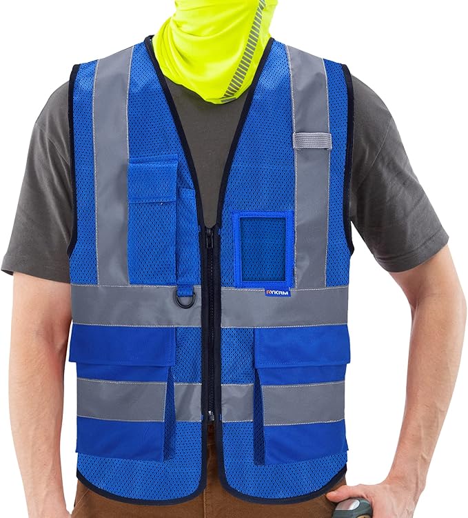 A-SAFETY XSmall Blue High Visibility Mesh Safety Reflective Vest with Pockets and Zipper,Hi Viz Work Vest for Men Women (Blue Mesh XS)