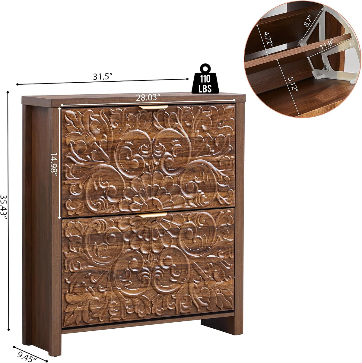 Shoe Cabinet with Flip Drawers, Narrow Shoe Storage Cabinet, 2-Tier Hidden Shoe Organizer with Floral Embossed for Entryway, Mid-Century Modern Slim Shoes Storage for Hallway Foyer (1, Walnut)