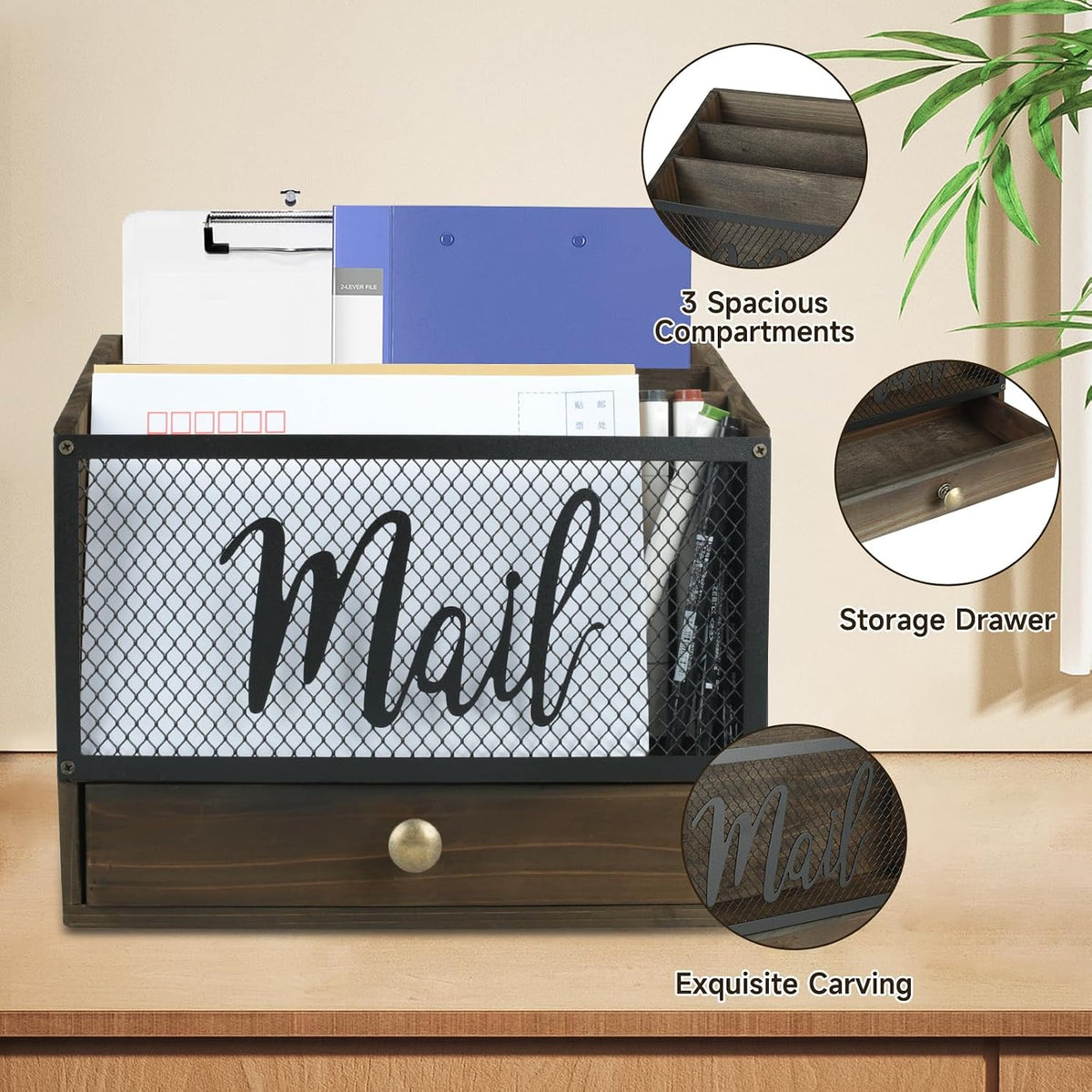Wooden Mail Organizer with Drawer, 3 Compartments Desk Sorter