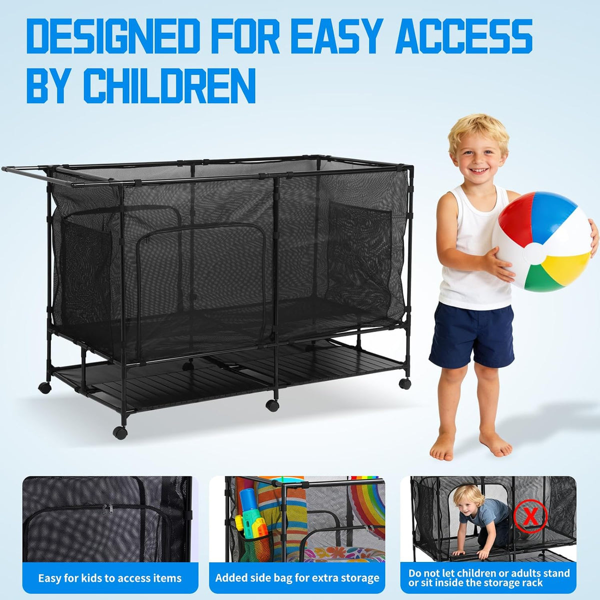 pool float organizer,Bottom Table, Zipper Doors & Rolling Wheels, Portable Easy Assembly,Storage for swim ring, water ball and water gun for Indoor Outdoor Pool Backyard Storage(L)