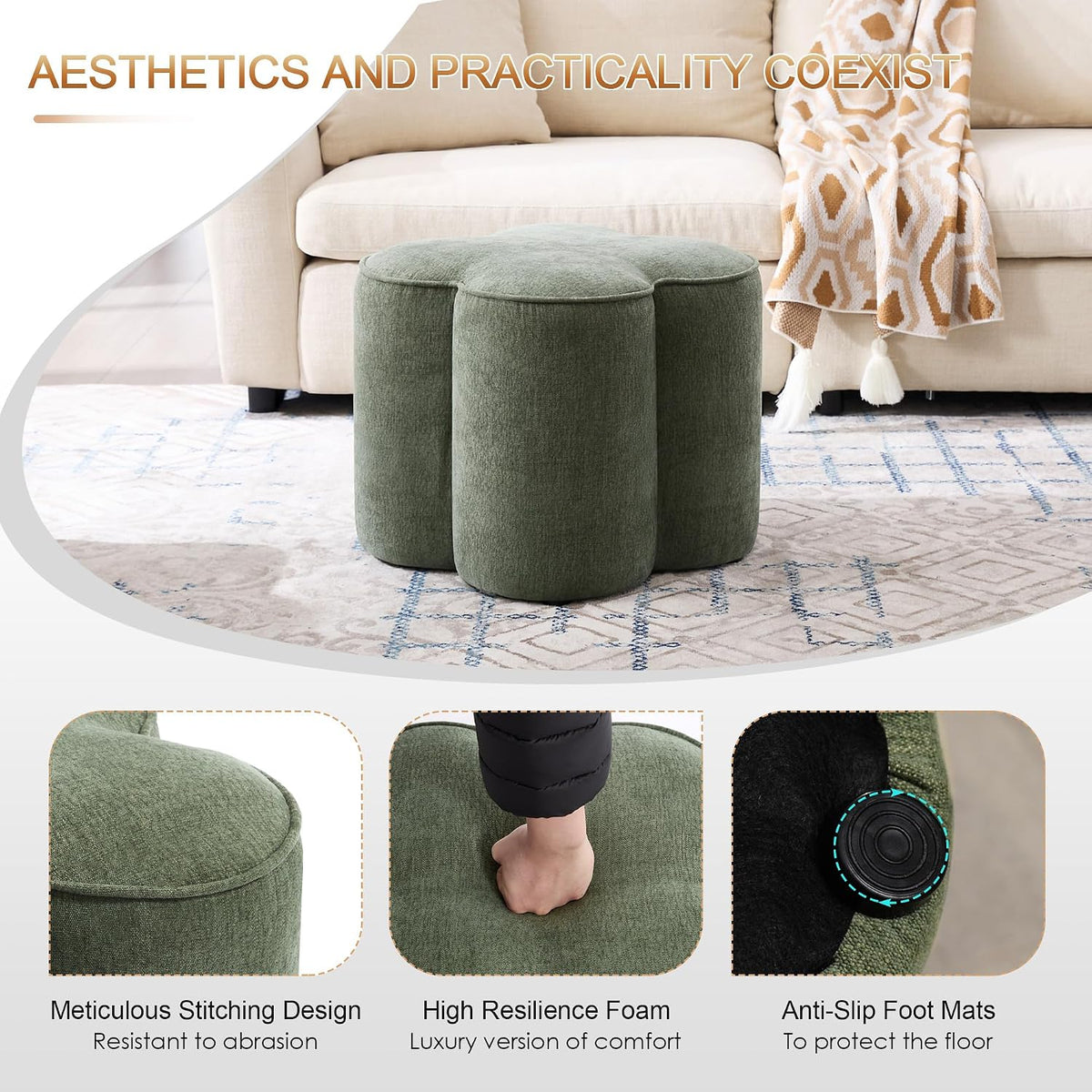 Zesthouse Flower Pouf Ottoman Foot Rest, Linen Fabric Poofy Ottoman Stool