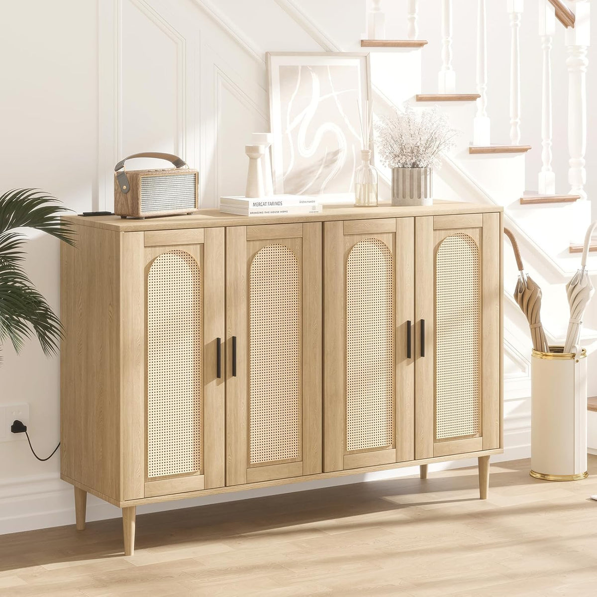 Patikuin Rattan Sideboard Buffet Cabinet, 4 Doors Accent Storage Cabinet, Console Table Coffee Bar with Power Outlet, Adjustable Shelves for Kitchen, Dining Room, Hallway, Living Room, Natural