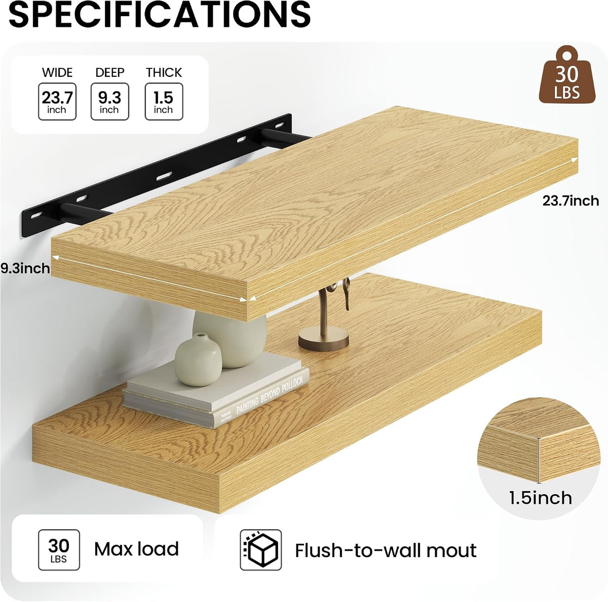 Heimlove Floating Shelves 23.6" W x 9.3" D Oak Set of 2