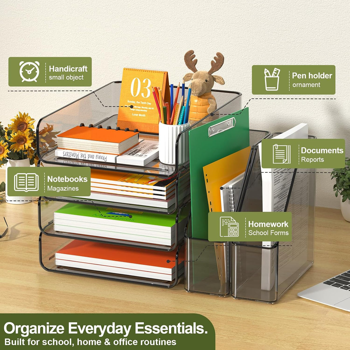 FANXIYQ 4-Tier Brown Acrylic Paper Tray Organizer with 2 Bookends