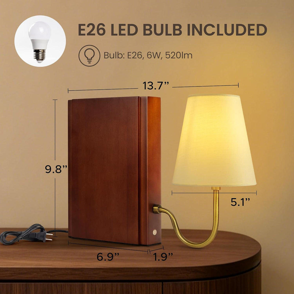 AELS Solid Wood Bookshelf Lamp with Bulb, 3-Color Touch Control Dimmable Table Lamp with Linen Shade, Modern Decorative Bookend Lamp for Bedroom, Office & Bookshelf Decor, Dark Brown