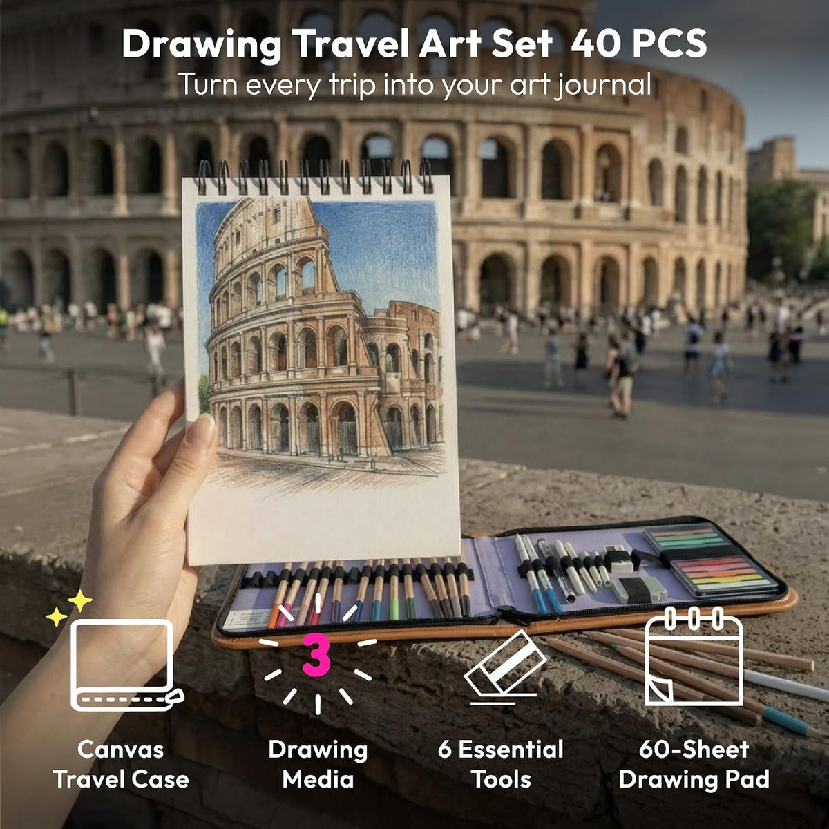 COLOUR BLOCK 40-Piece Drawing Travel Art Set – Portable Sketch and Drawing Art Kit with 16 Colored Pencils, 12 Soft Pastels, 2 Sketching Pencils, 6 Tools, Pad, Zip Case for Beginners, Artists, Adults