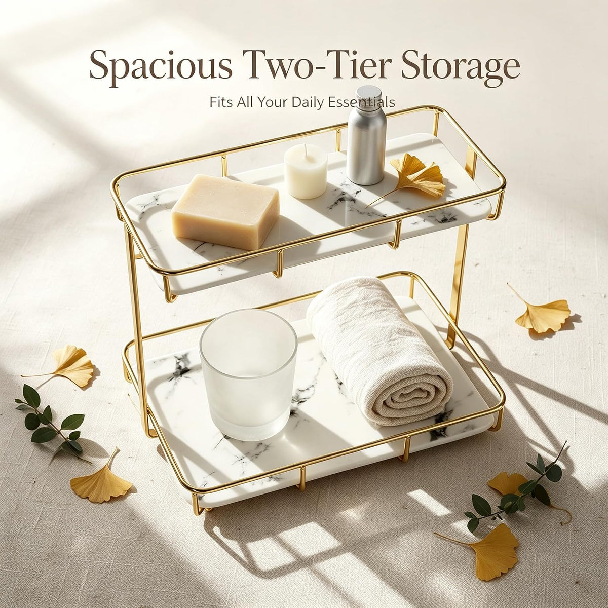 Bathroom Organizer Countertop Perfume Organizer Makeup Organizer Cosmetics Storage Display Rack Vanity Tray Dresser Stainless Steel Gold Shelf White Marble Ceramic Tray