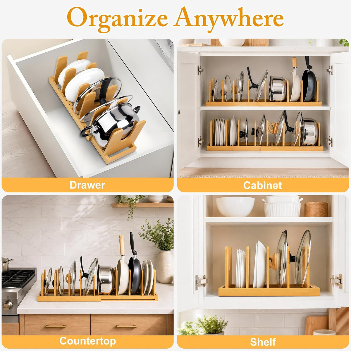 MinBoo Bamboo Expandable Pot Lid Organizer, Pot and Pan Organizer Drawer Organizer for Pot Lids, Adjustable 10 U-Shaped Dividers for Kitchen Cabinet Organizers and Storage (Bamboo-1)