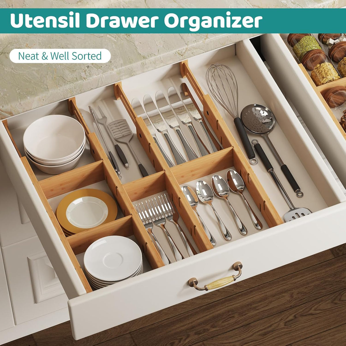 8 Pack Kitchen Drawer Dividers with Inserts, Bamboo Adjustable Drawer Organizers, Expandable Organization for Home, Dressers, 8 Dividers with 16 Inserts